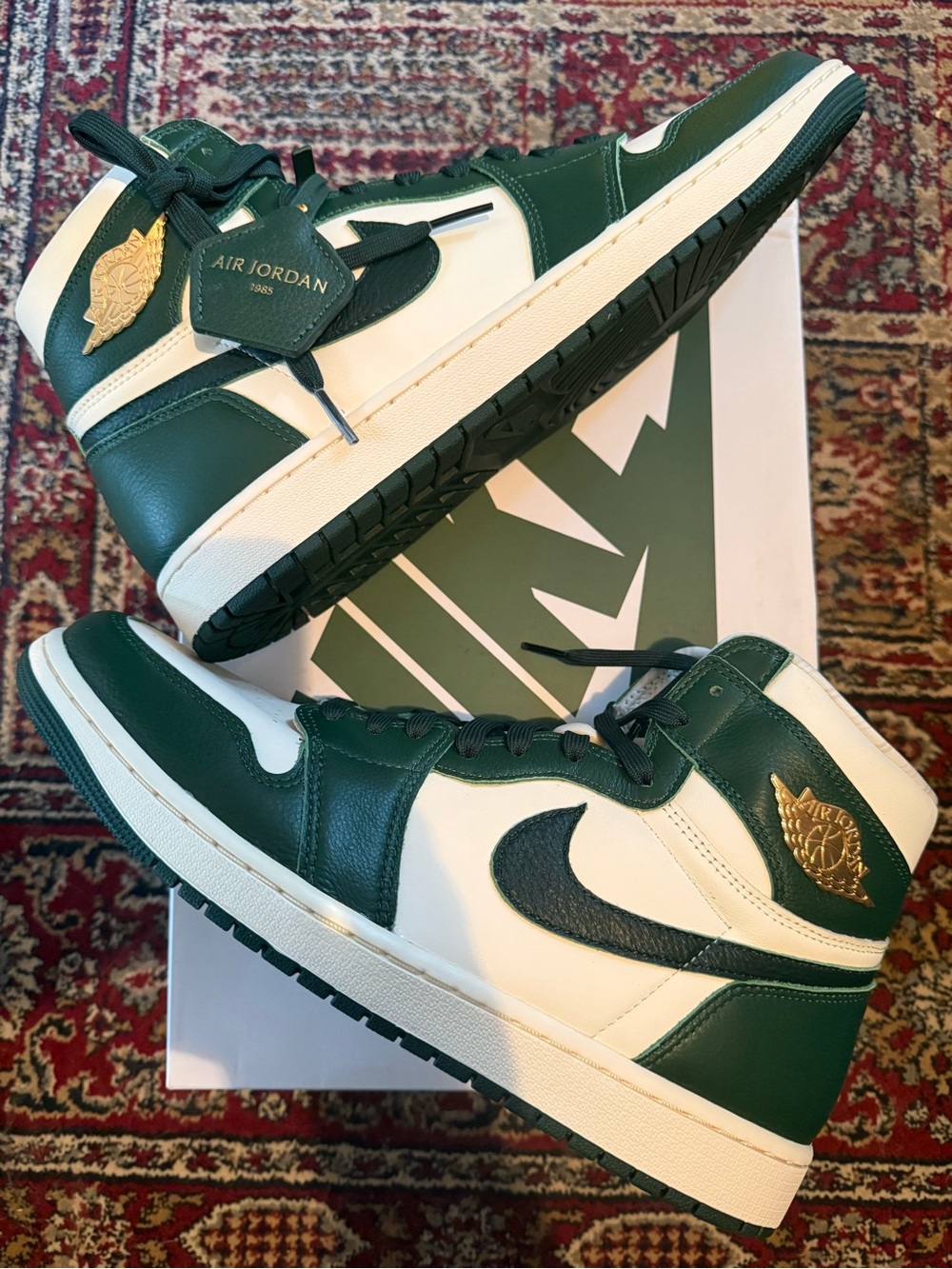 Jordan 1 Retro High Fir Pro Green Sneakers — Green/White with Gold Accents